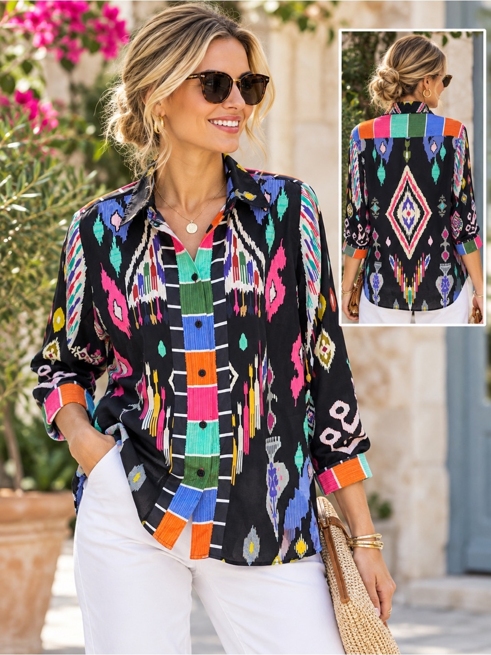 VILAGALLO Irina Black Multicolor Ikat Print Button Down Shirt 40 US 8 Boho